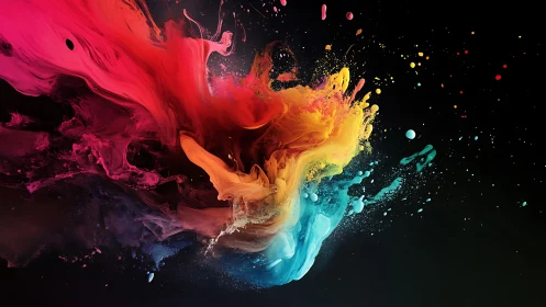 Multicolored digital paint plumes expand across dark field
