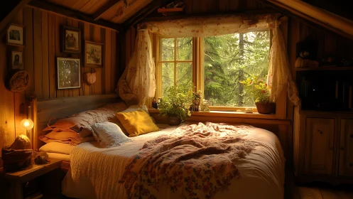 Cozy attic cabin bedroom glowing with soft forest light.