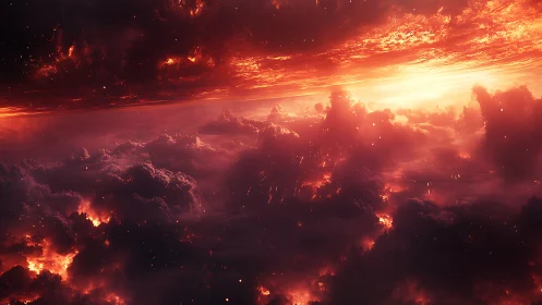 Volumetric inferno cloudscape under radiant stellar horizon