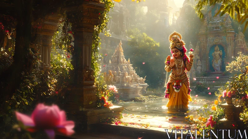 Golden child deity wanders through a sunlit temple garden