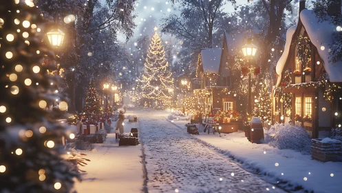 Snow-laden festive village street with luminous bokeh lighting.