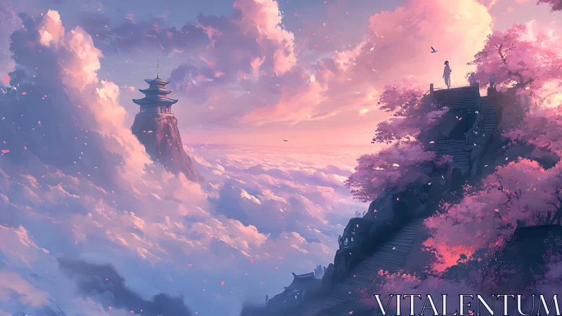 Sky temple above the clouds in a blush of eternal dawn.