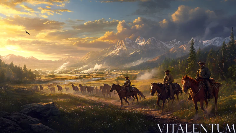 Sunlit cowboy cattle drive traverses alpine valley under dramatic clouds