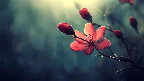 Red blossoms glow against misty atmospheric backdrop.