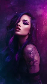 Neon-lit woman with violet hair bathed in cosmic glow.