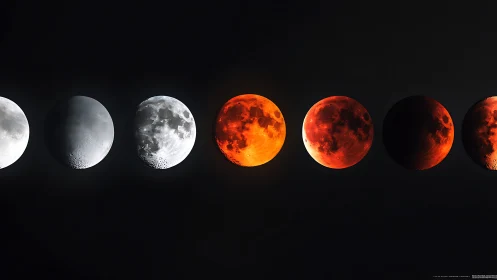 Lunar eclipse progression in vivid grayscale to ember tones.