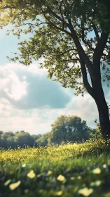 Tree and meadow under daylight with distant forest backdrop.