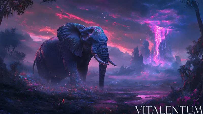 Luminescent elephant wandering beneath neon cosmic falls.