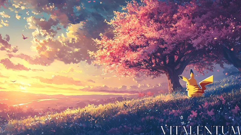 Pikachu watching a dreamy sunset under pink blossom trees.