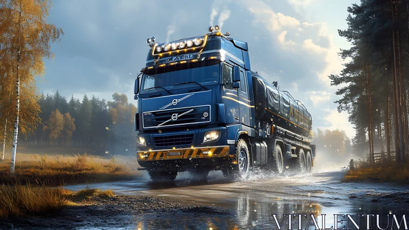 Storm-glossed blue tanker truck roaring through misted pines.