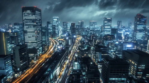 Rainy neon city skyline with highway lights at night.