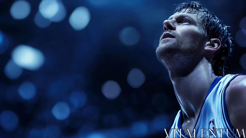 Basketball player looks upward under cool arena lights.