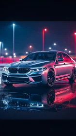 Sport sedan gleams under neon lights on a rain-soaked street