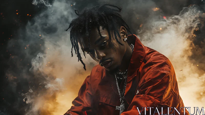 Low-key portrait in volumetric smoke and ember backlighting.