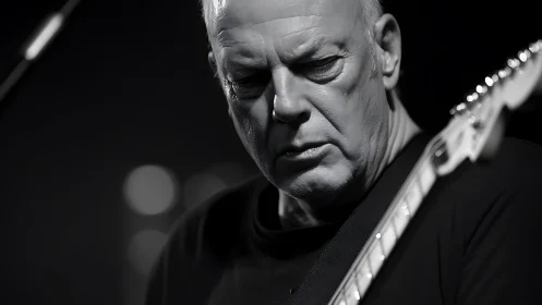 Guitarist in moody black and white stage close-up portrait.