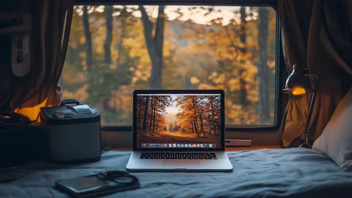 Cozy laptop workspace with autumn forest view from bed.