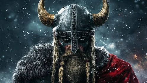 Stormlit Horned Raider Stares Through Blizzarding Fury.