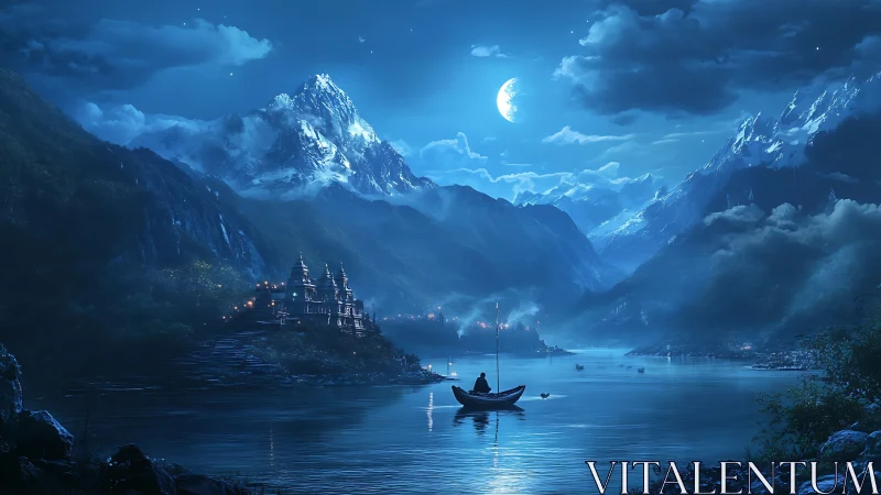 Moonlit journey across a tranquil blue mountain lake.