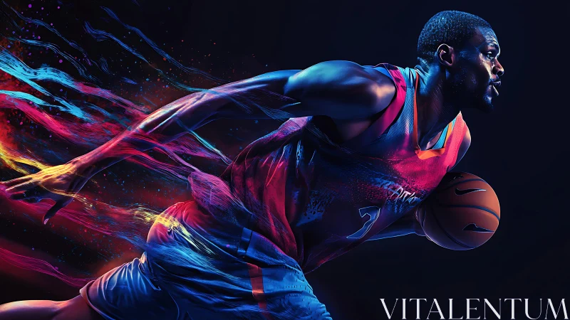 Dynamic neon basketball drive rendered in motion blur.