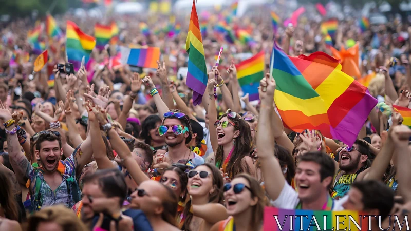 Joystorm of rainbow flags surging through a pride carnival.