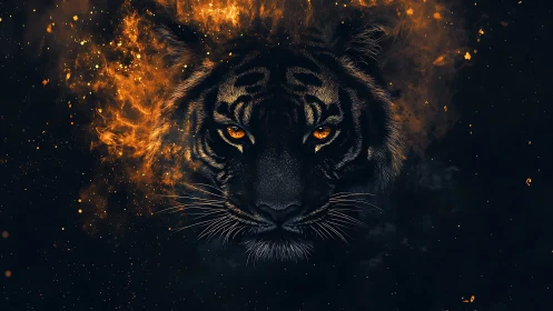 Tiger portrait emerging from dark background with fire glow.