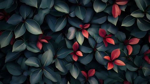 Dense foliage pattern with dark green and red leaves.