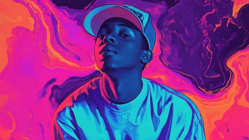 Electric daydream portrait in neon swirls of pink and blue.