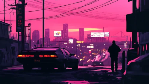 Neon dusk muscle car and lone drifter above pink city glow.