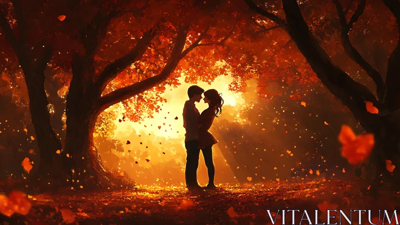 Silhouetted couple kissing beneath golden autumn canopy at sunset