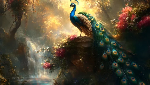 Peacock overlooks luminous forest waterfall in golden dawn.