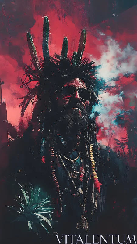 Desert mystic in neon dusk with wild cactus crown above.