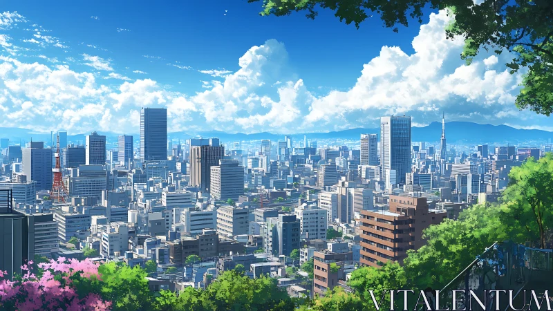 Sunlit anime city skyline unfolds beneath vivid summer clouds