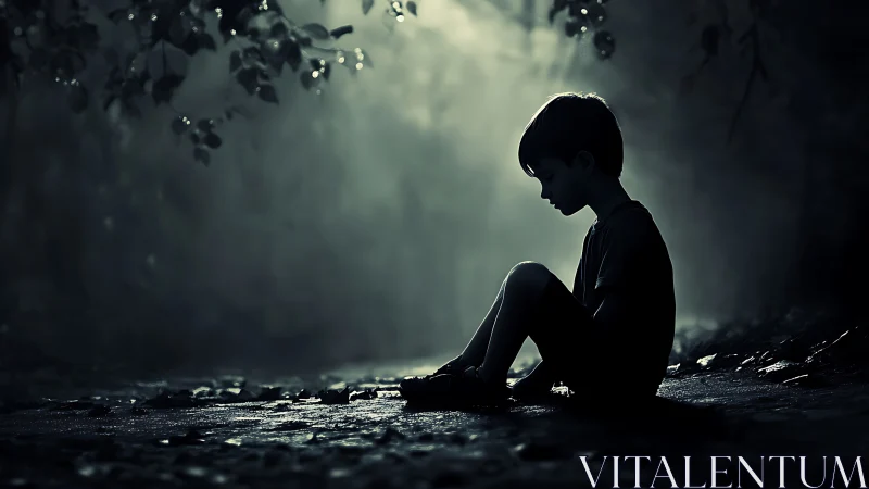 Lonely child silhouette sits in moody forest backlight dusk