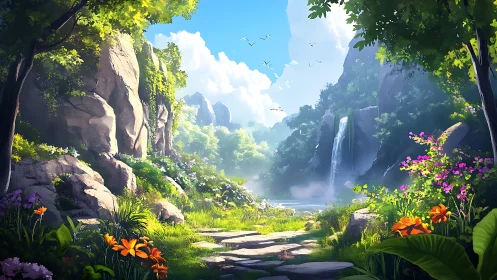 Lush valley path leading to distant waterfall and lake.