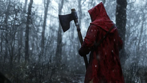 Red cloaked axe wielder stands in snowy, high contrast forest scene
