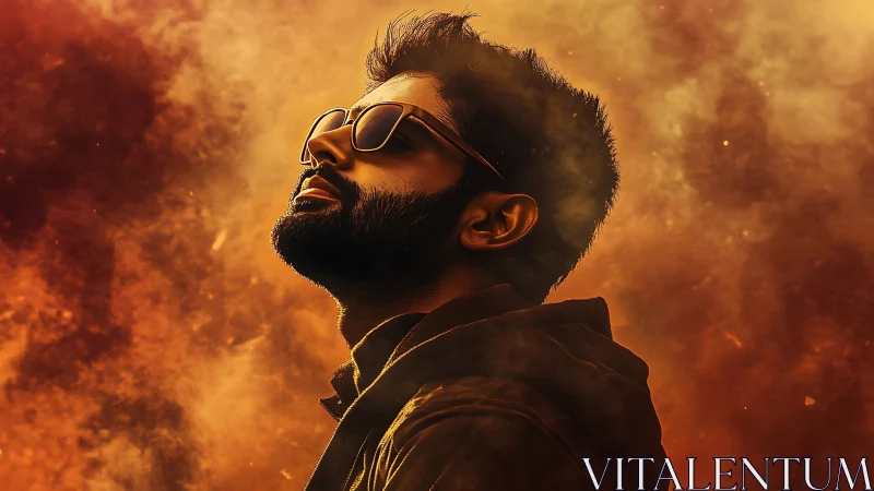 Side profile of man in sunglasses amid orange smoke field.