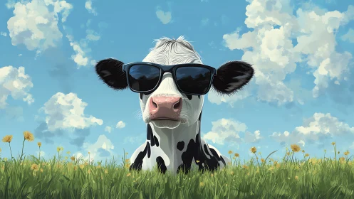 Cool Holstein cow in sunglasses amid bright dandelion meadow.