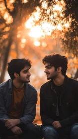 Shallow depth portrait captures two men in warm backlit bokeh