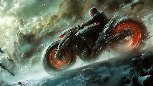 Futuristic rider accelerates through storm with neon turbine wheels