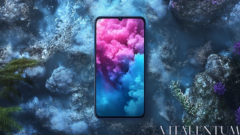 Smartphone with bright gradient display floats above water