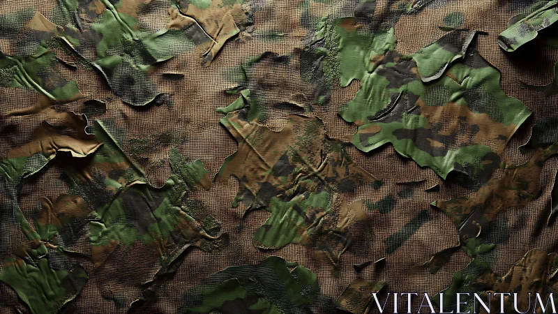 Textured military camouflage fabric with distressed rips.
