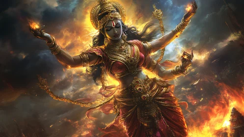 Radiant fire goddess dancing in swirling golden flames.