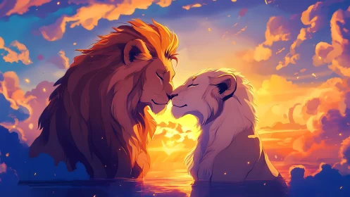 Chromatic Sunset Composition: Two Felids in Tactile Contact Against Radiative Sky