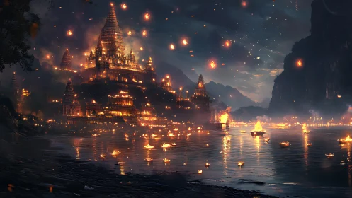 Temple city glows beside river during nocturnal lantern festival