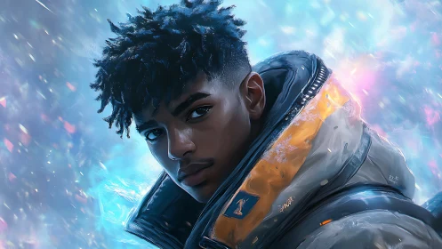 Futuristic youth gazes ahead in glowing neon aurora haze.