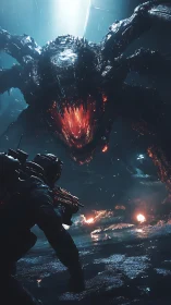 Armored soldier confronts molten maw alien in rain-soaked cavern.