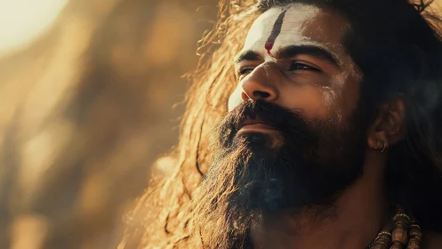 Bearded man with ritual markings in warm outdoor light.