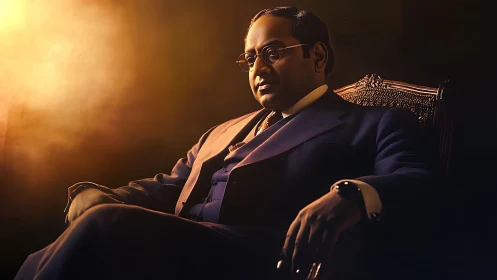 Seated man in formal suit against warm atmospheric light.