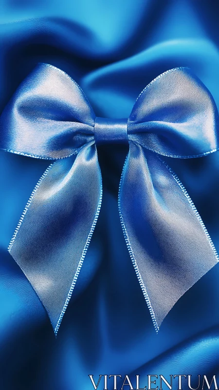Satin blue ribbon bow with delicate pearl edge detail.