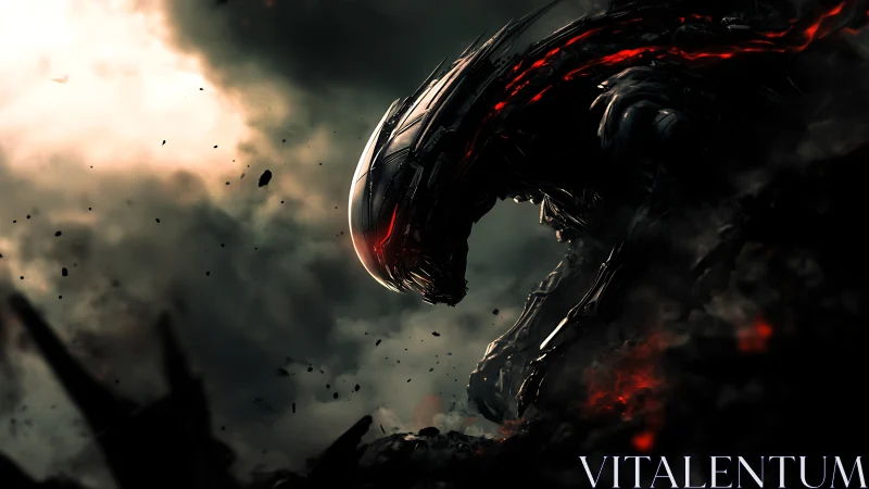 Abyssborn mech beast bows beneath stormlit ash skies.